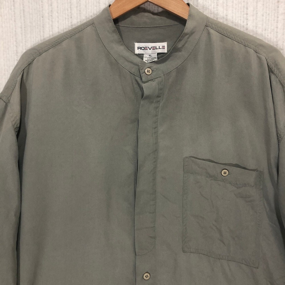 Roevelle XL‎ 100% Silk Mandarin Collar Button Down Shirt Olive Grey Long Sleeve